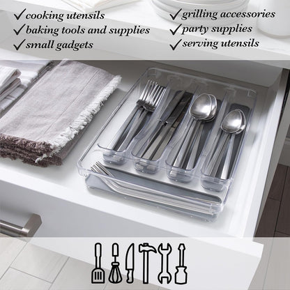 23195 Utensil and Cutlery Drawer Organizer, Divider, Tray, Storage, 5 Compartment, Clear