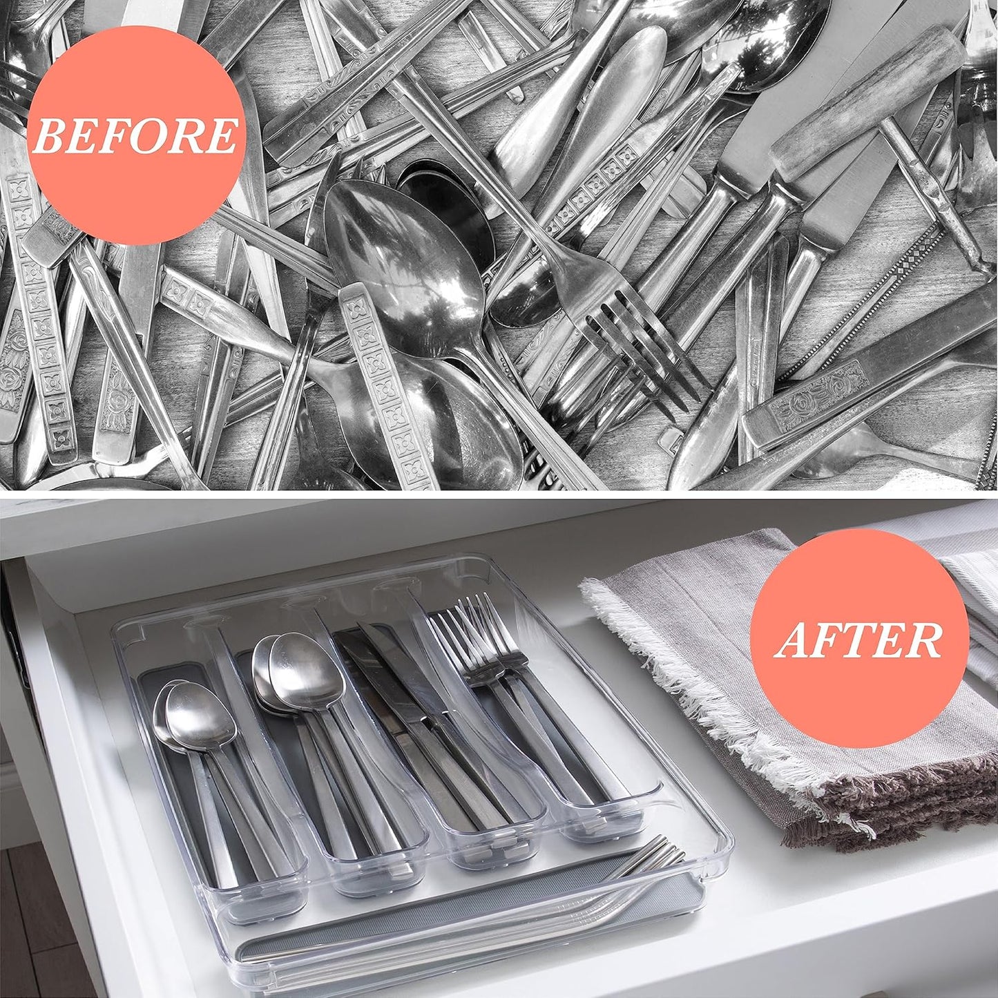 23195 Utensil and Cutlery Drawer Organizer, Divider, Tray, Storage, 5 Compartment, Clear