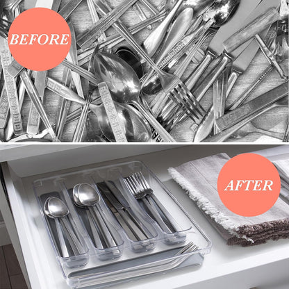 23195 Utensil and Cutlery Drawer Organizer, Divider, Tray, Storage, 5 Compartment, Clear