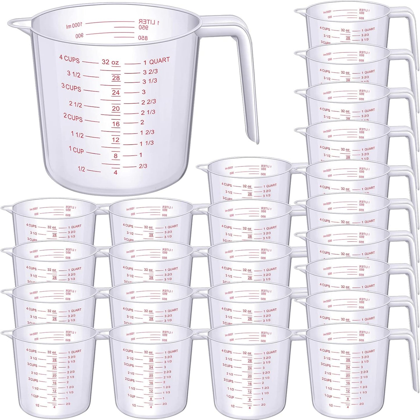 24 Pcs 4 Cup Capacity Plastic Measuring Cup 1000 ml Clear Graduated Measuring Cups Plastic Mug with Spout and Handles Ounce and Ml Marking for Recipe Ingredient Flour Water Liquid(Red,32 oz)