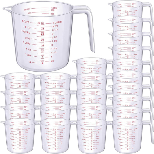 24 Pcs 4 Cup Capacity Plastic Measuring Cup 1000 ml Clear Graduated Measuring Cups Plastic Mug with Spout and Handles Ounce and Ml Marking for Recipe Ingredient Flour Water Liquid(Red,32 oz)