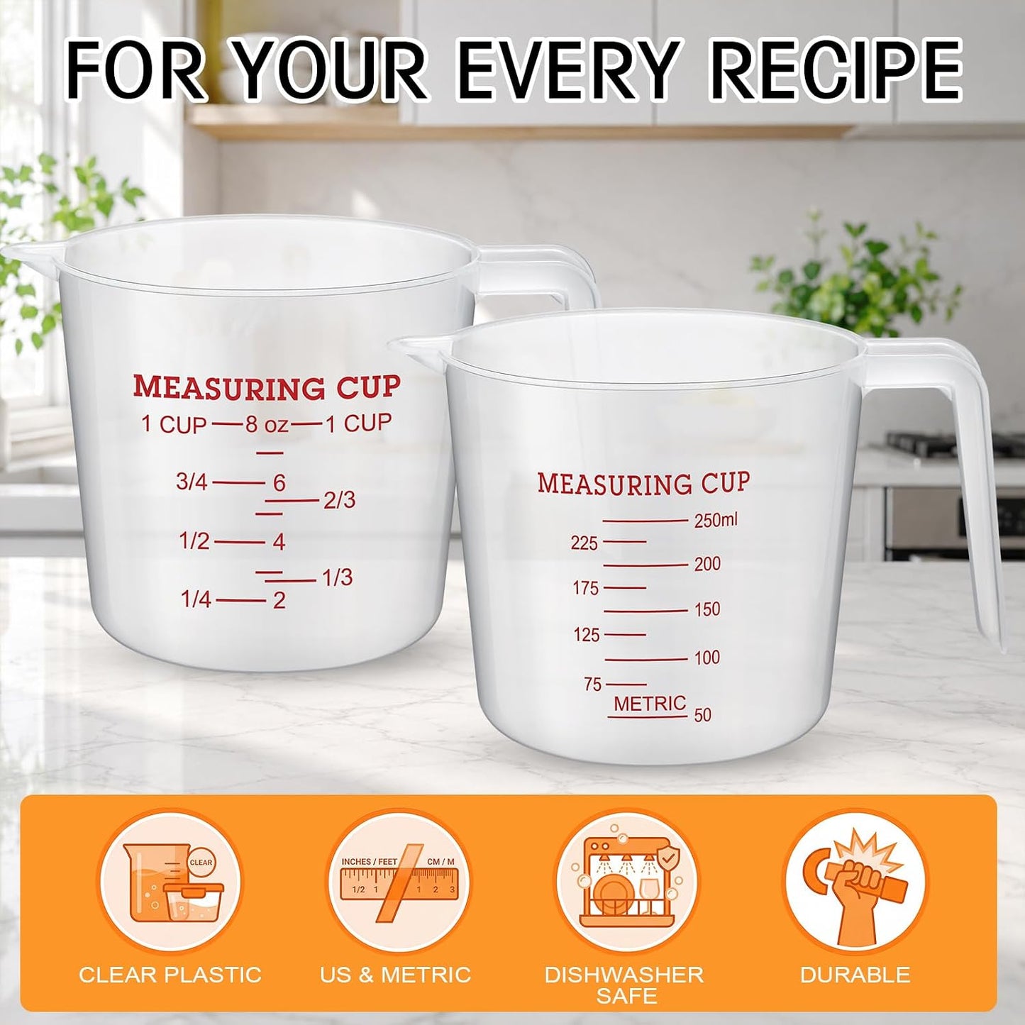 24 Pcs 4 Cup Capacity Plastic Measuring Cup 1000 ml Clear Graduated Measuring Cups Plastic Mug with Spout and Handles Ounce and Ml Marking for Recipe Ingredient Flour Water Liquid(Red,32 oz)