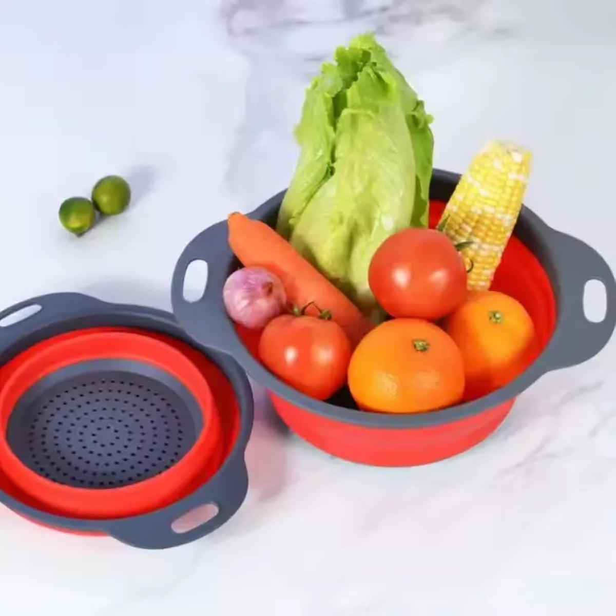 Collapsible Colander Set of 4-2 Red + 2 Blue Silicone Foldable Strainers, BPA-Free, Space Saving Kitchen Sieve with Handles - 2 Sizes (Large & Medium)