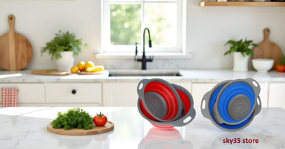 Collapsible Colander Set of 4-2 Red + 2 Blue Silicone Foldable Strainers, BPA-Free, Space Saving Kitchen Sieve with Handles - 2 Sizes (Large & Medium)
