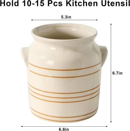 Ceramic Farmhouse Kitchen Utensil Holder for Countertop, Rustic Cooking Utensil Holder Crock Fit for Kitchen Counter. 6*6.8*6.7 IN
