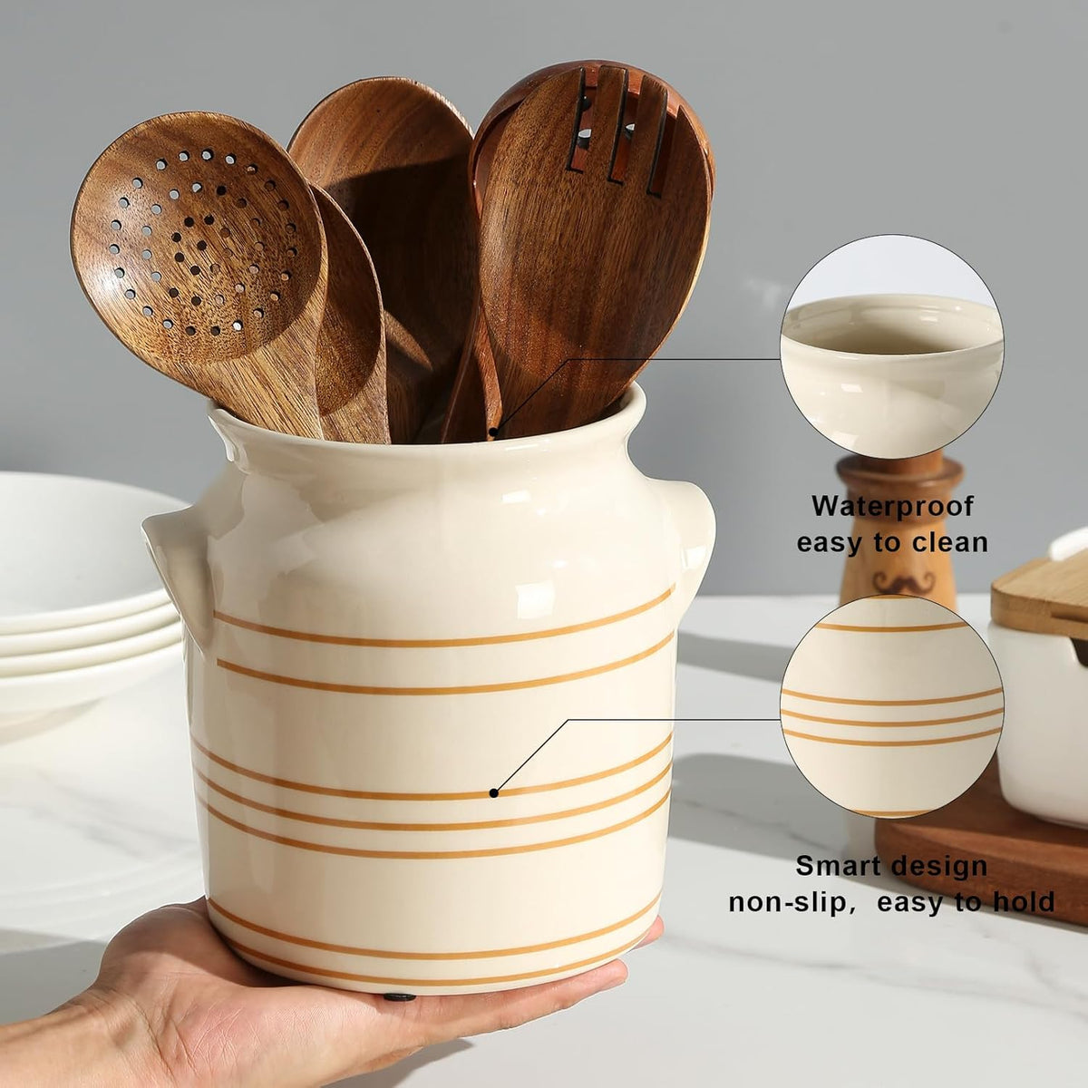 Ceramic Farmhouse Kitchen Utensil Holder for Countertop, Rustic Cooking Utensil Holder Crock Fit for Kitchen Counter. 6*6.8*6.7 IN