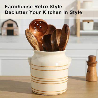 Ceramic Farmhouse Kitchen Utensil Holder for Countertop, Rustic Cooking Utensil Holder Crock Fit for Kitchen Counter. 6*6.8*6.7 IN