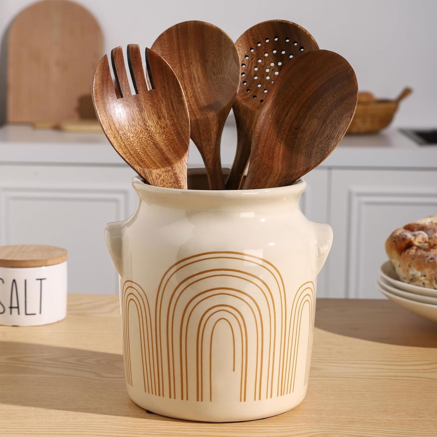 Ceramic Farmhouse Kitchen Utensil Holder for Countertop, Rustic Cooking Utensil Holder Crock Fit for Kitchen Counter. 6*6.8*6.7 IN
