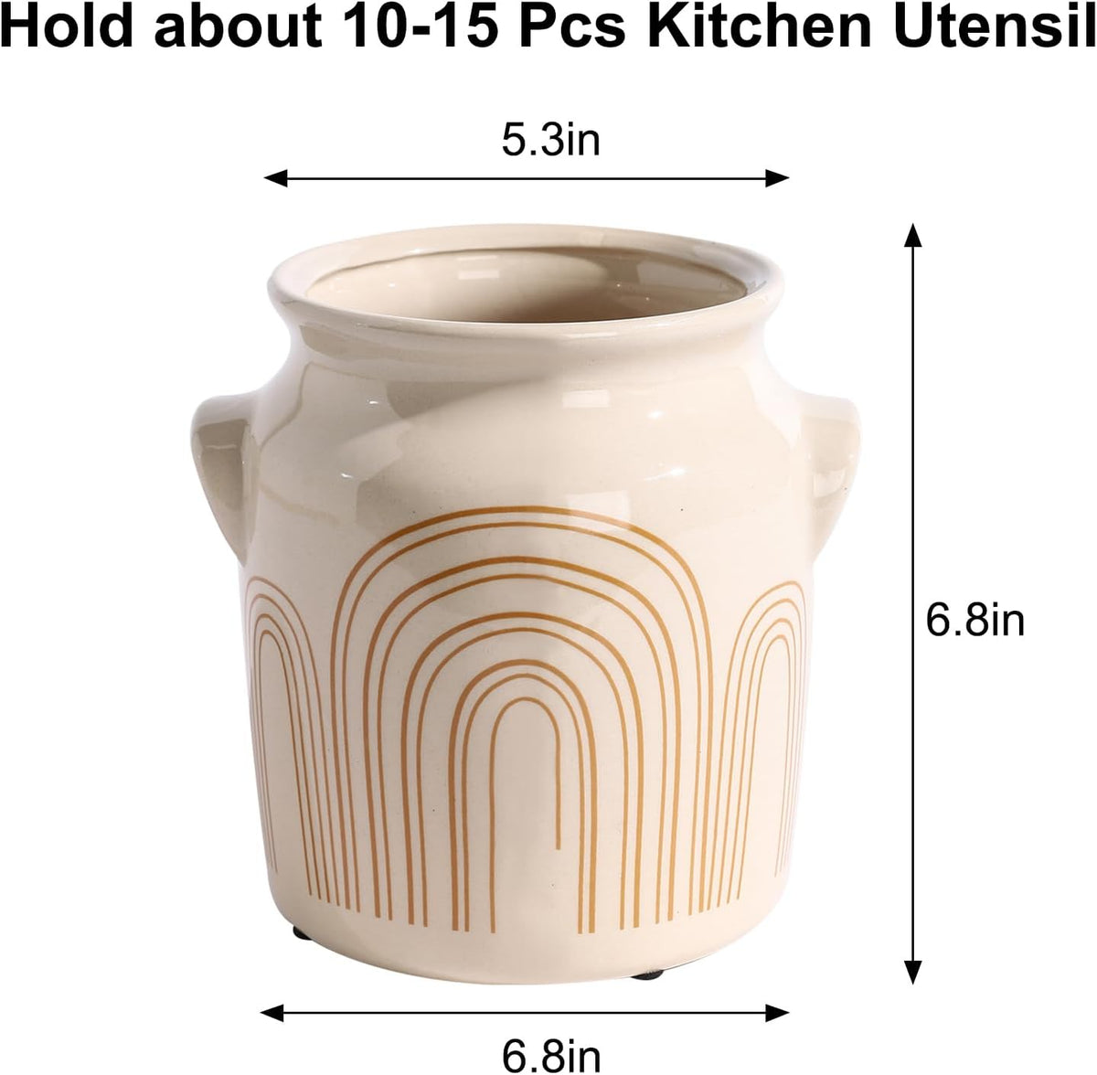 Ceramic Farmhouse Kitchen Utensil Holder for Countertop, Rustic Cooking Utensil Holder Crock Fit for Kitchen Counter. 6*6.8*6.7 IN