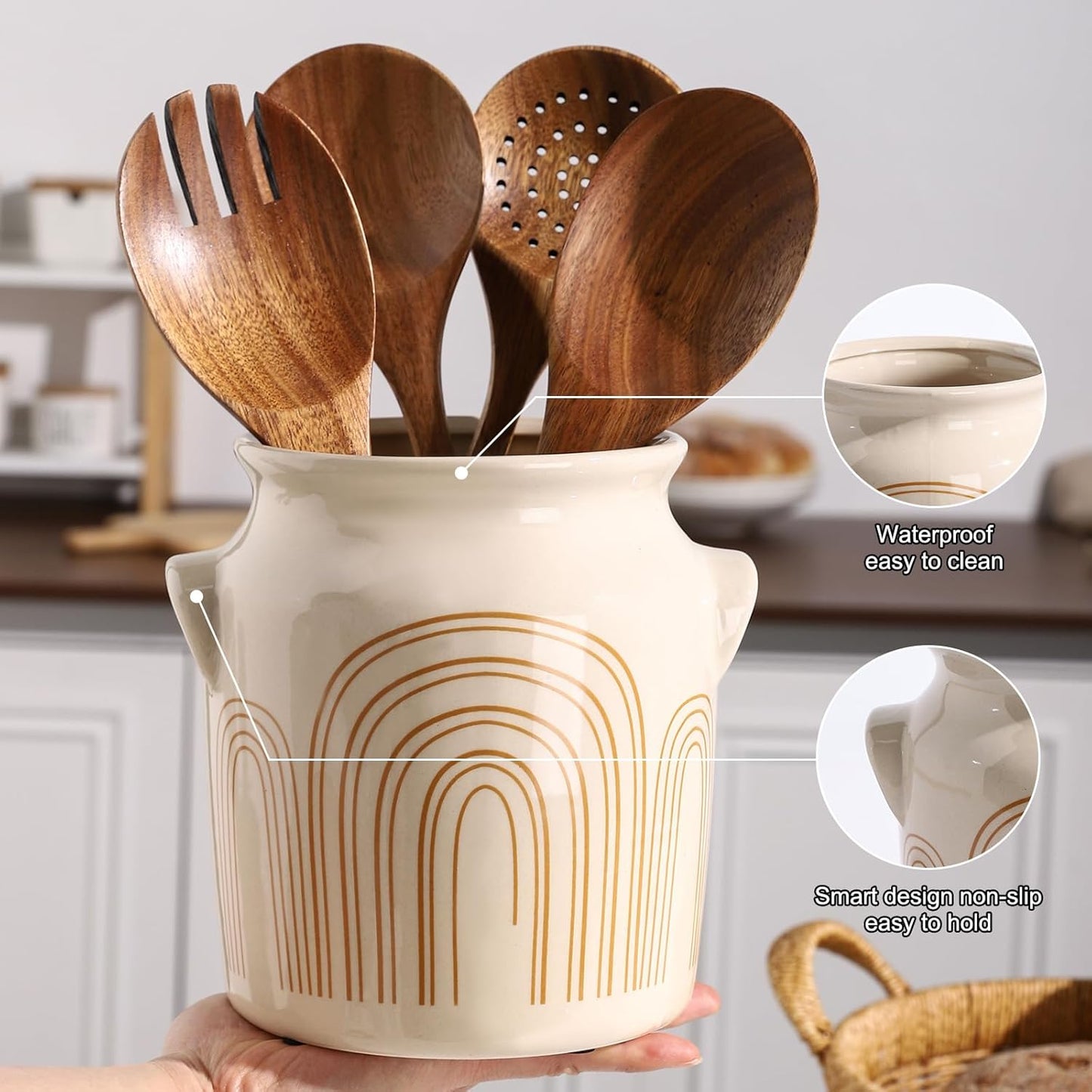 Ceramic Farmhouse Kitchen Utensil Holder for Countertop, Rustic Cooking Utensil Holder Crock Fit for Kitchen Counter. 6*6.8*6.7 IN