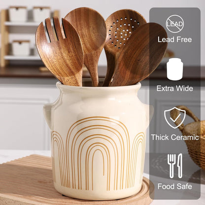 Ceramic Farmhouse Kitchen Utensil Holder for Countertop, Rustic Cooking Utensil Holder Crock Fit for Kitchen Counter. 6*6.8*6.7 IN