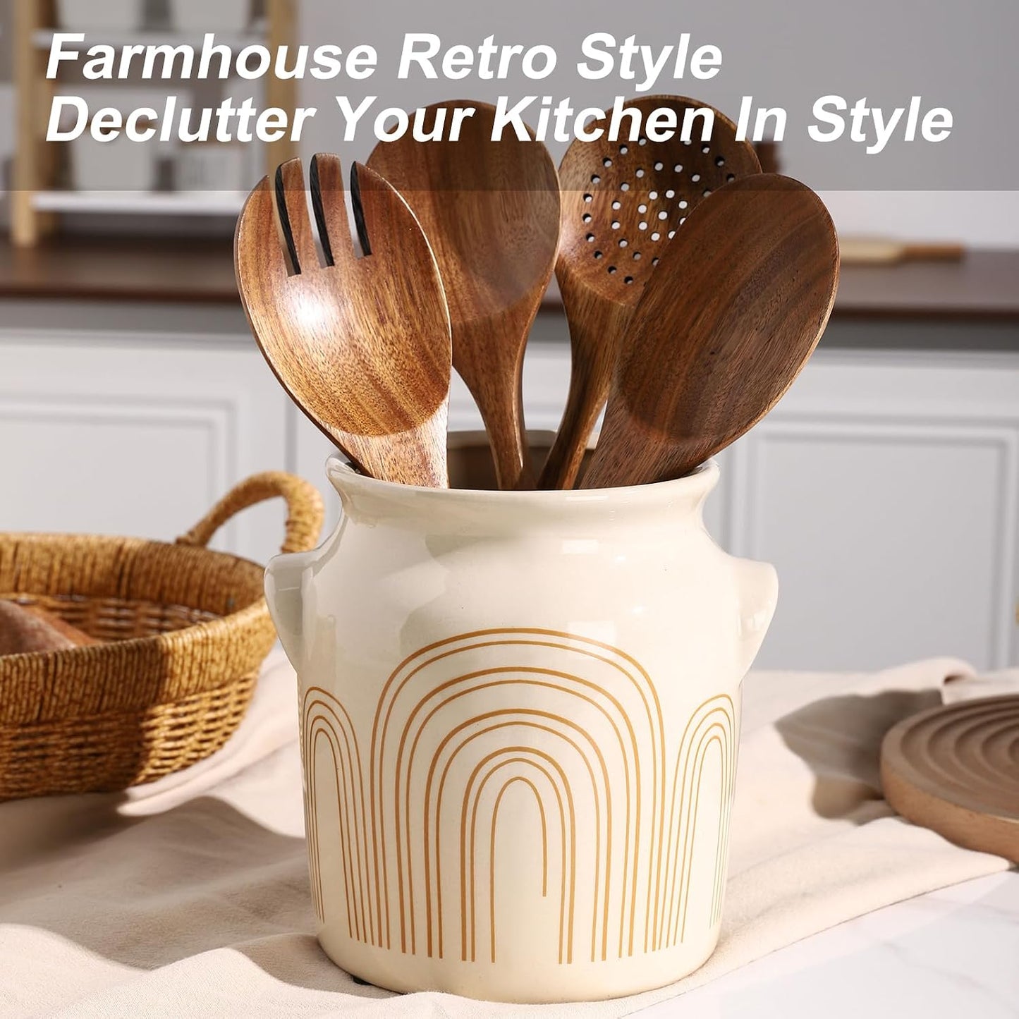 Ceramic Farmhouse Kitchen Utensil Holder for Countertop, Rustic Cooking Utensil Holder Crock Fit for Kitchen Counter. 6*6.8*6.7 IN