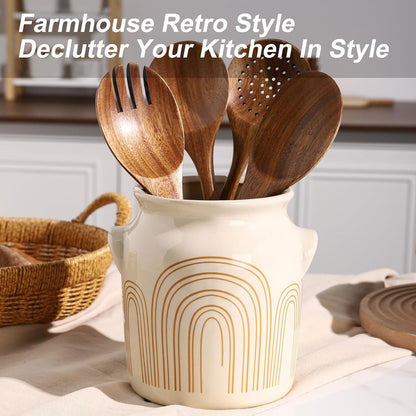 Ceramic Farmhouse Kitchen Utensil Holder for Countertop, Rustic Cooking Utensil Holder Crock Fit for Kitchen Counter. 6*6.8*6.7 IN