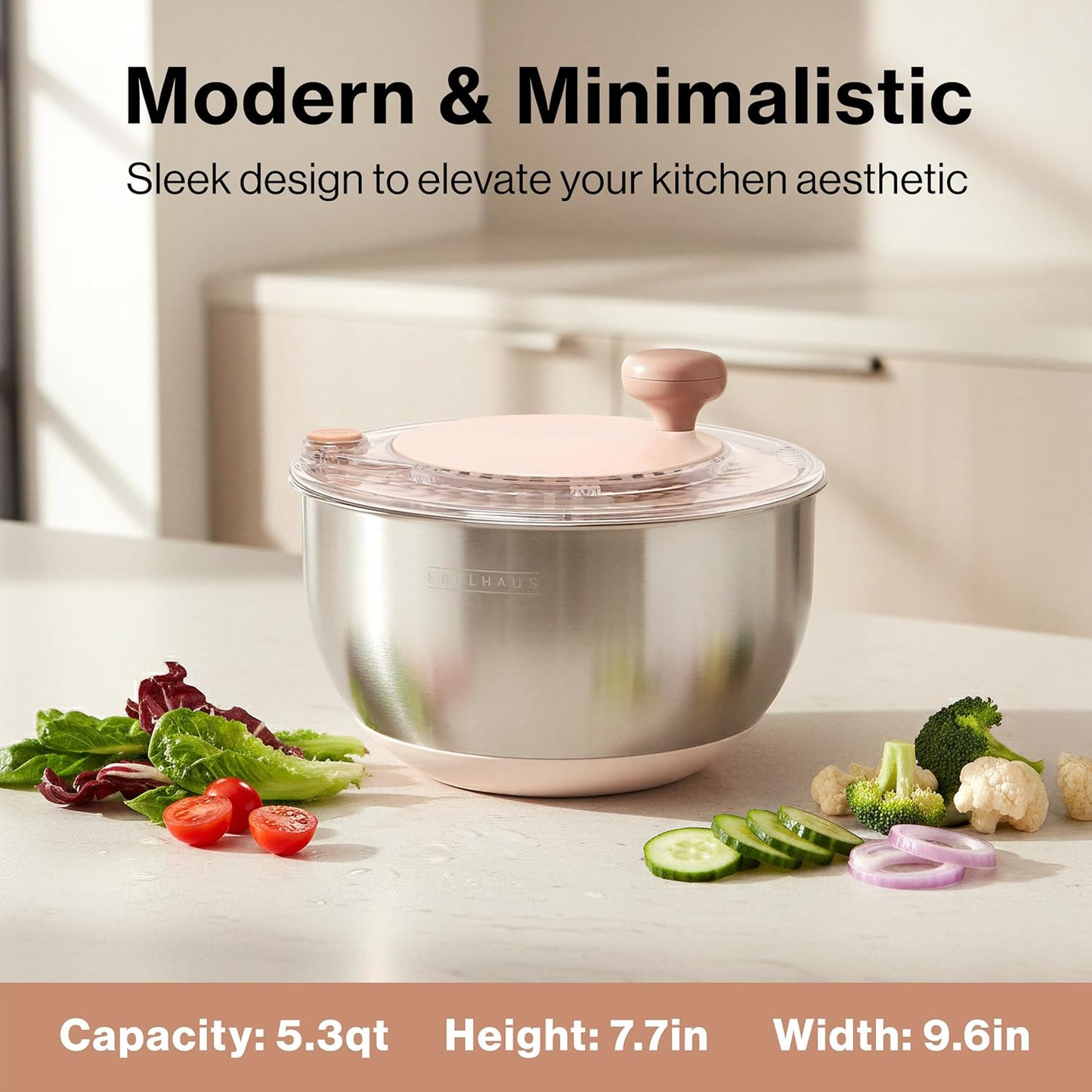 Salad Spinner Stainless Steel 5.3Qt | Lettuce Spinner BPA-Free with Stop Button, Drain Spout & Crank Handle | Fruit Cleaner Spinner | Vegetable Washer Salad Cleaner with Non-Slip Base Dishwasher Safe