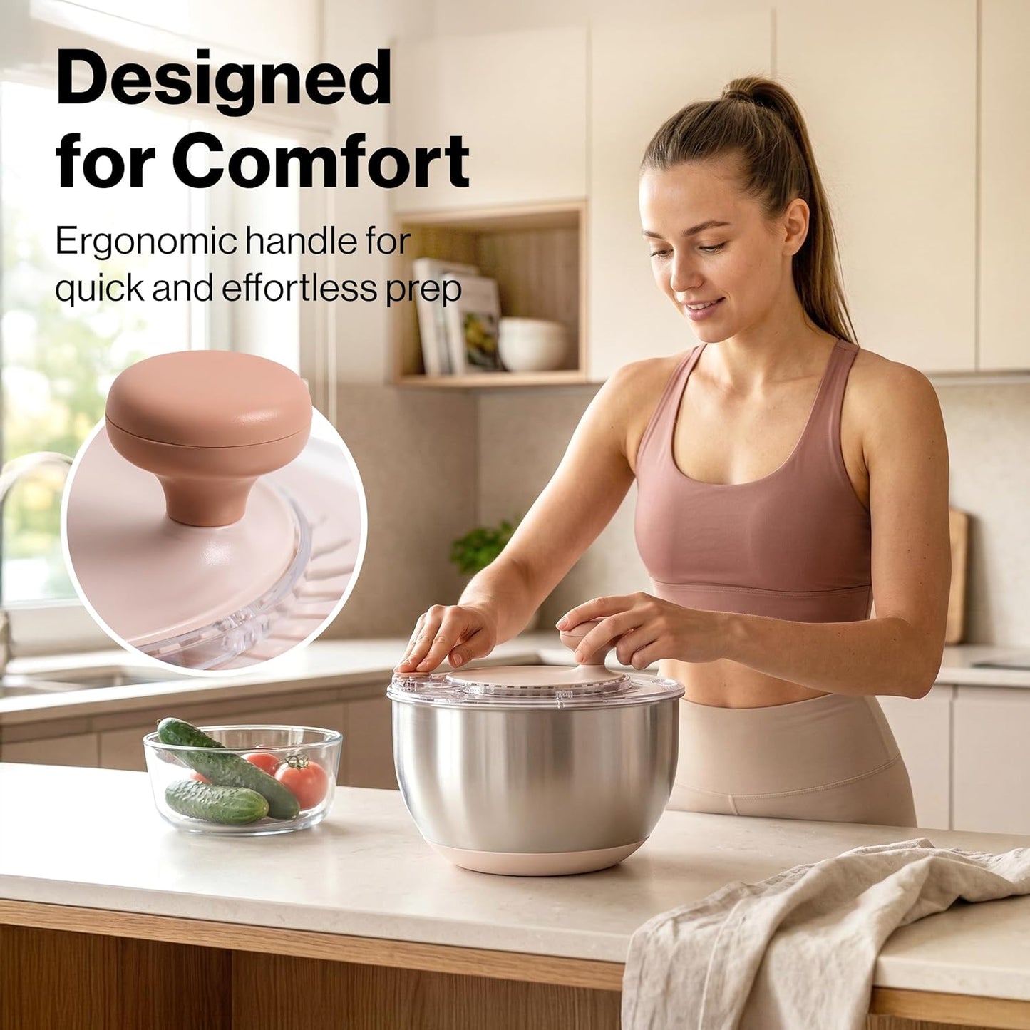 Salad Spinner Stainless Steel 5.3Qt | Lettuce Spinner BPA-Free with Stop Button, Drain Spout & Crank Handle | Fruit Cleaner Spinner | Vegetable Washer Salad Cleaner with Non-Slip Base Dishwasher Safe