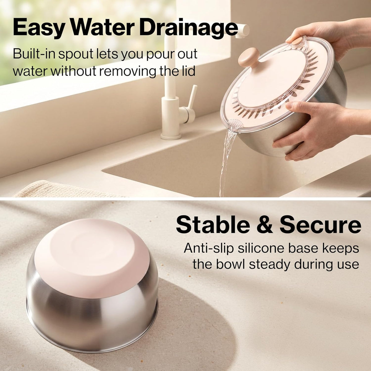 Salad Spinner Stainless Steel 5.3Qt | Lettuce Spinner BPA-Free with Stop Button, Drain Spout & Crank Handle | Fruit Cleaner Spinner | Vegetable Washer Salad Cleaner with Non-Slip Base Dishwasher Safe