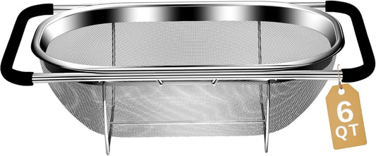 Over the Sink Colander - 6QT Strainers and Colanders - Stainless Steel Strainer - Expandable Sink Colander with Rubber Grip for Strain, Drain, Rinse Fruits, Vegetables, Home Kitchen Essentials