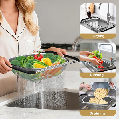Over the Sink Colander - 6QT Strainers and Colanders - Stainless Steel Strainer - Expandable Sink Colander with Rubber Grip for Strain, Drain, Rinse Fruits, Vegetables, Home Kitchen Essentials