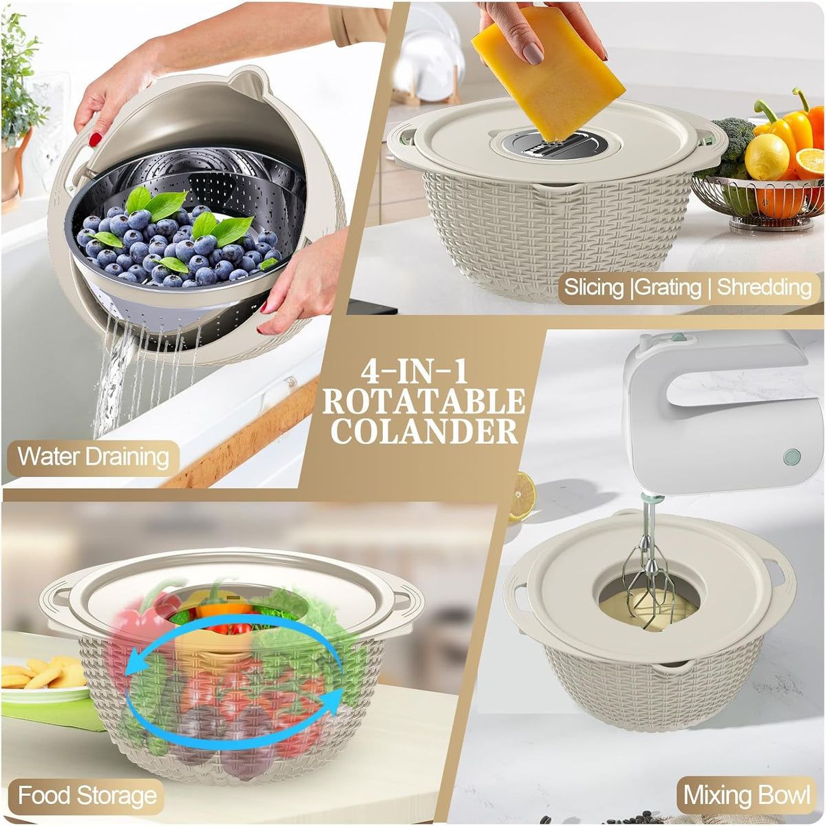 Over the Sink Colander - 6QT Strainers and Colanders - Stainless Steel Strainer - Expandable Sink Colander with Rubber Grip for Strain, Drain, Rinse Fruits, Vegetables, Home Kitchen Essentials