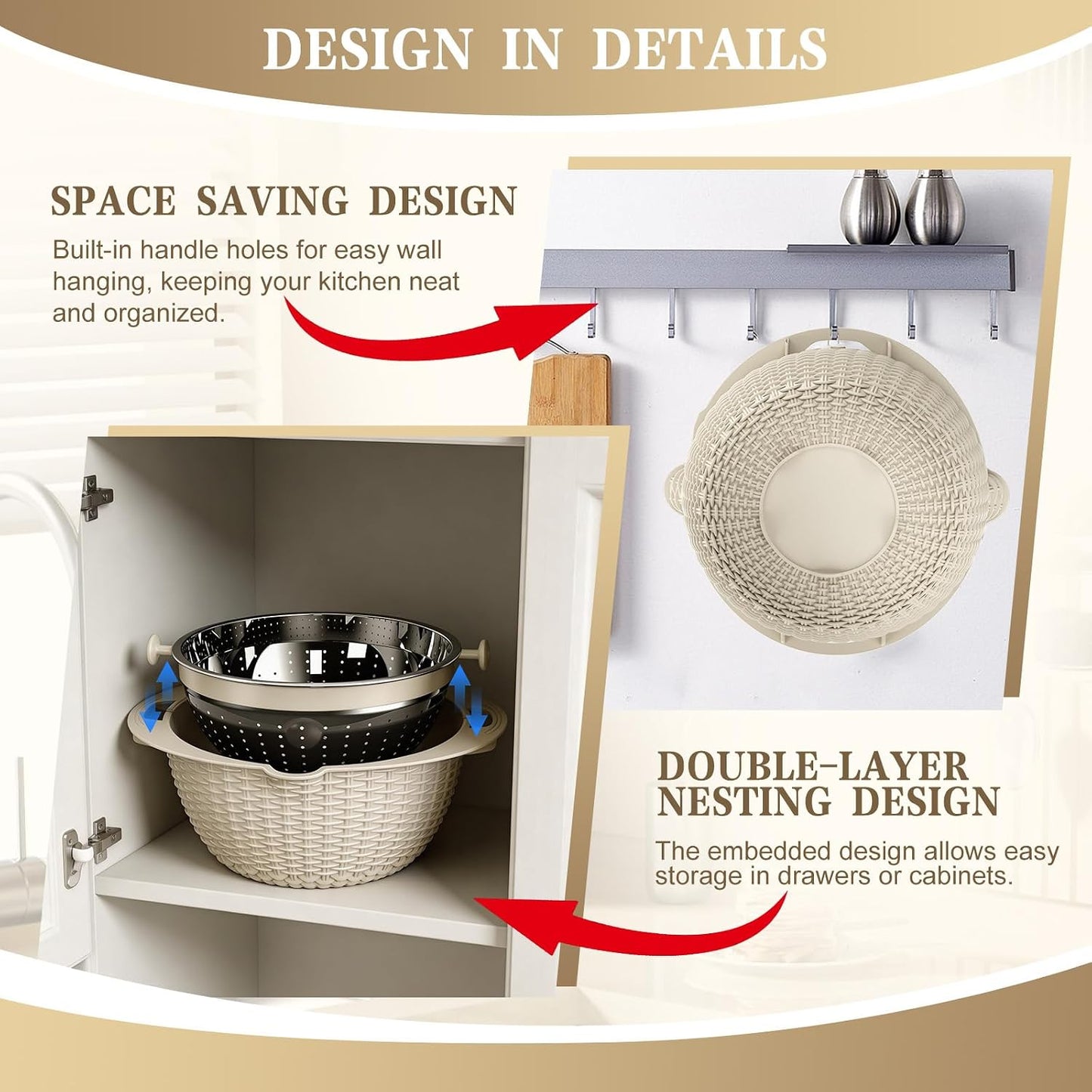 Over the Sink Colander - 6QT Strainers and Colanders - Stainless Steel Strainer - Expandable Sink Colander with Rubber Grip for Strain, Drain, Rinse Fruits, Vegetables, Home Kitchen Essentials