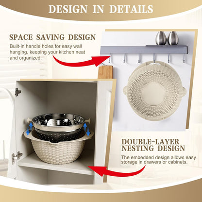 Over the Sink Colander - 6QT Strainers and Colanders - Stainless Steel Strainer - Expandable Sink Colander with Rubber Grip for Strain, Drain, Rinse Fruits, Vegetables, Home Kitchen Essentials