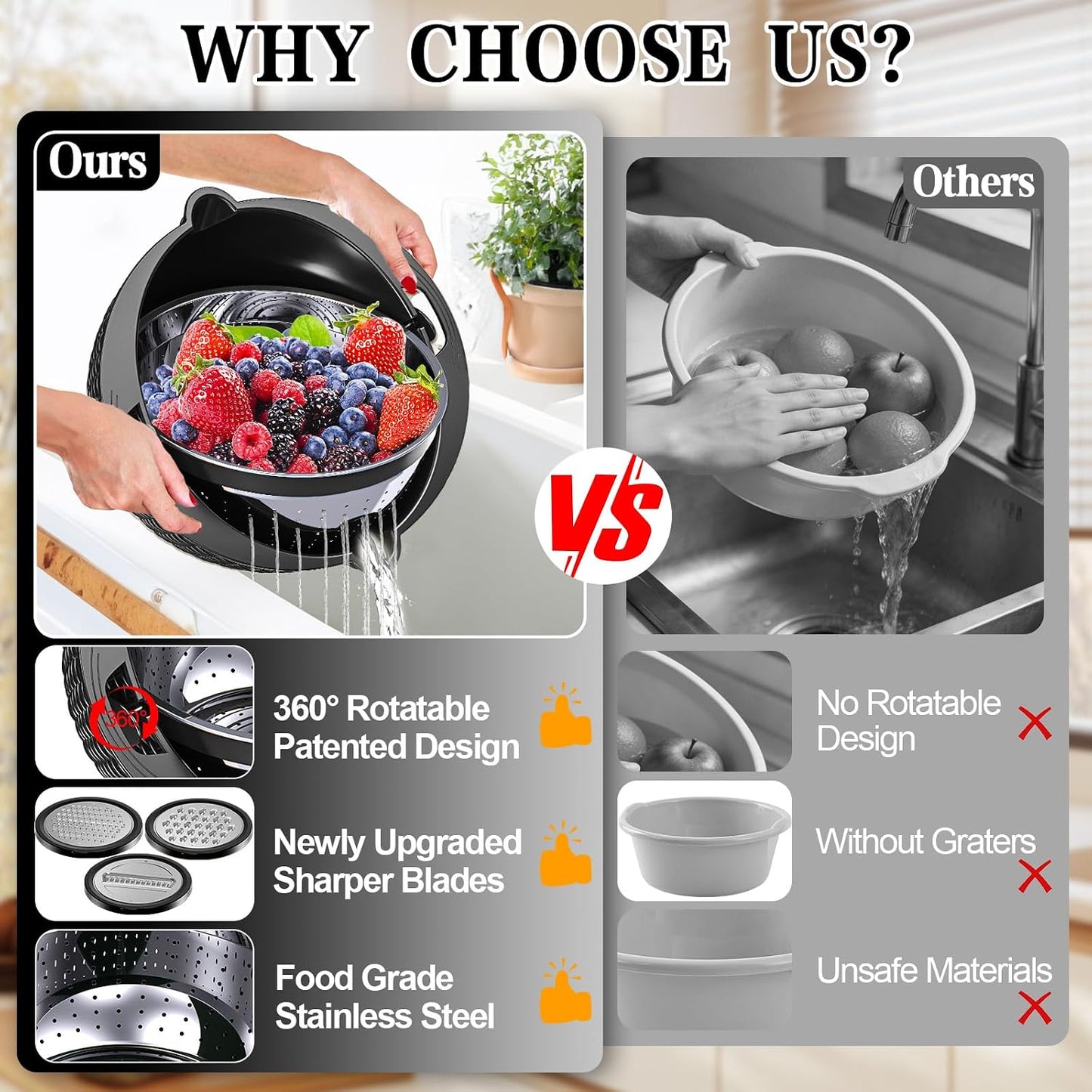 Over the Sink Colander - 6QT Strainers and Colanders - Stainless Steel Strainer - Expandable Sink Colander with Rubber Grip for Strain, Drain, Rinse Fruits, Vegetables, Home Kitchen Essentials