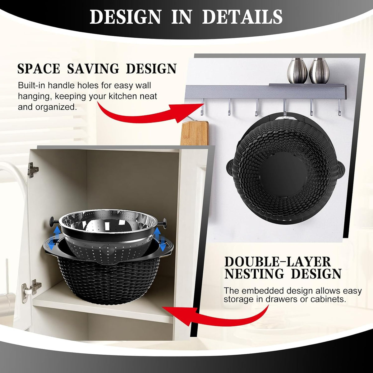 Over the Sink Colander - 6QT Strainers and Colanders - Stainless Steel Strainer - Expandable Sink Colander with Rubber Grip for Strain, Drain, Rinse Fruits, Vegetables, Home Kitchen Essentials