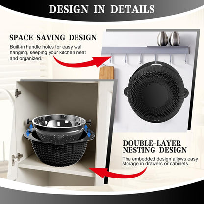 Over the Sink Colander - 6QT Strainers and Colanders - Stainless Steel Strainer - Expandable Sink Colander with Rubber Grip for Strain, Drain, Rinse Fruits, Vegetables, Home Kitchen Essentials