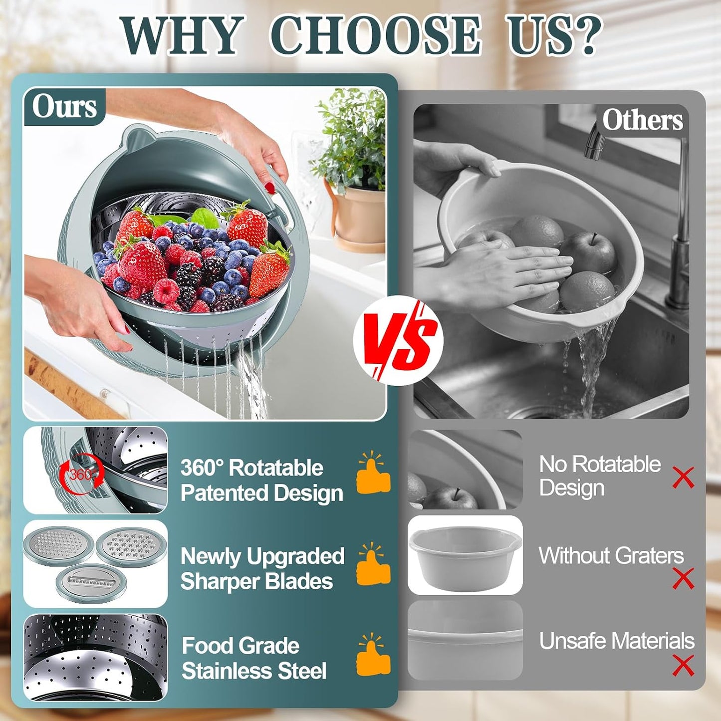 Over the Sink Colander - 6QT Strainers and Colanders - Stainless Steel Strainer - Expandable Sink Colander with Rubber Grip for Strain, Drain, Rinse Fruits, Vegetables, Home Kitchen Essentials