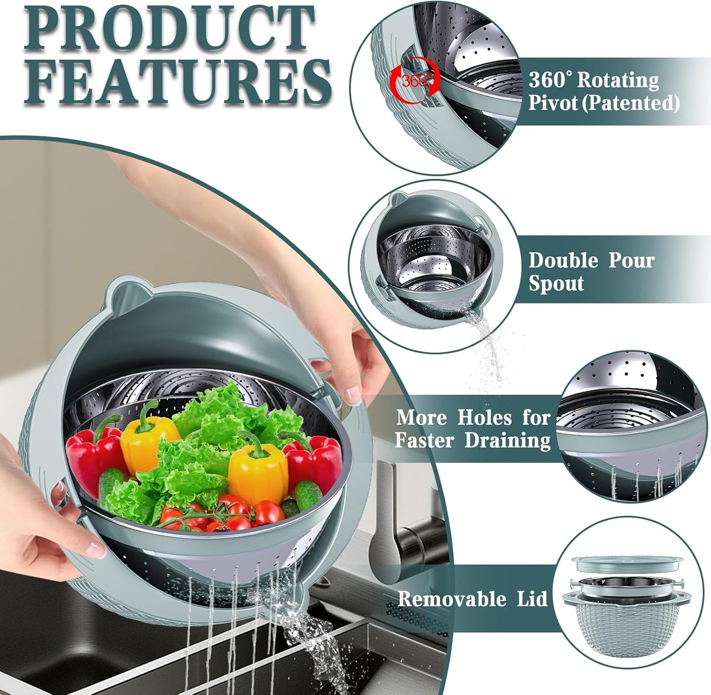 Over the Sink Colander - 6QT Strainers and Colanders - Stainless Steel Strainer - Expandable Sink Colander with Rubber Grip for Strain, Drain, Rinse Fruits, Vegetables, Home Kitchen Essentials