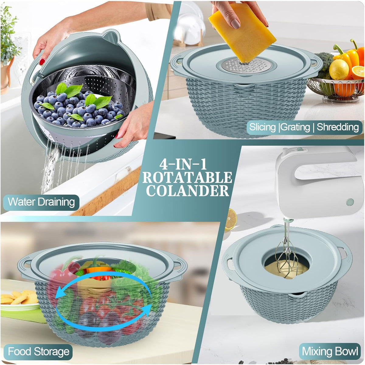 Over the Sink Colander - 6QT Strainers and Colanders - Stainless Steel Strainer - Expandable Sink Colander with Rubber Grip for Strain, Drain, Rinse Fruits, Vegetables, Home Kitchen Essentials