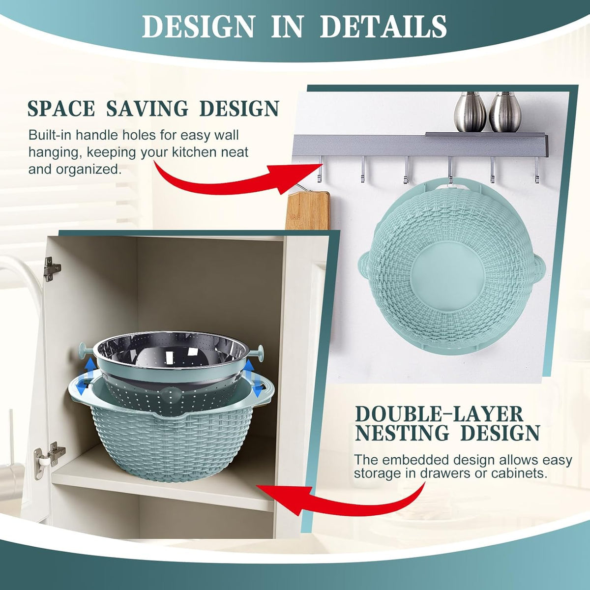 Over the Sink Colander - 6QT Strainers and Colanders - Stainless Steel Strainer - Expandable Sink Colander with Rubber Grip for Strain, Drain, Rinse Fruits, Vegetables, Home Kitchen Essentials