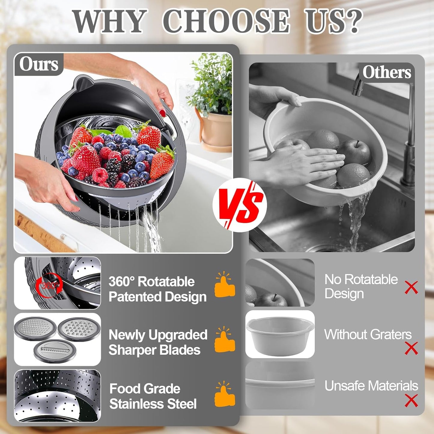 Over the Sink Colander - 6QT Strainers and Colanders - Stainless Steel Strainer - Expandable Sink Colander with Rubber Grip for Strain, Drain, Rinse Fruits, Vegetables, Home Kitchen Essentials