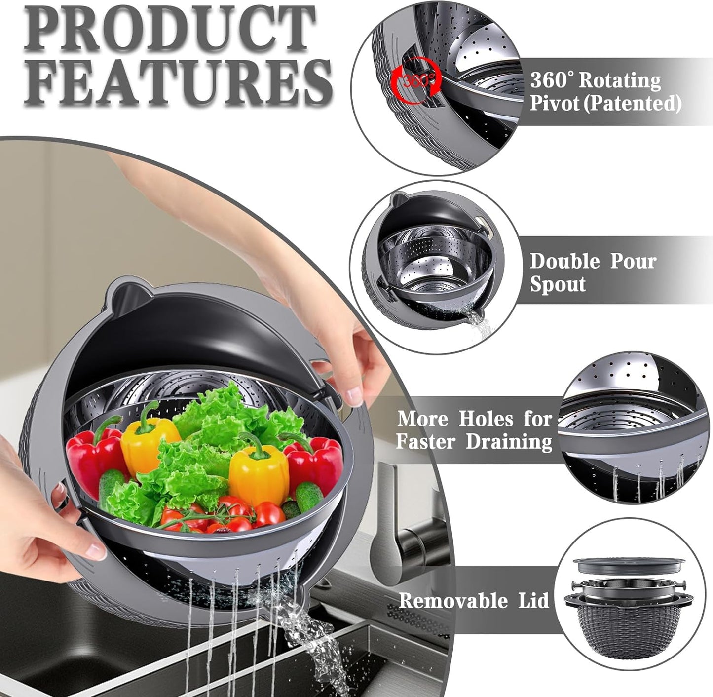 Over the Sink Colander - 6QT Strainers and Colanders - Stainless Steel Strainer - Expandable Sink Colander with Rubber Grip for Strain, Drain, Rinse Fruits, Vegetables, Home Kitchen Essentials