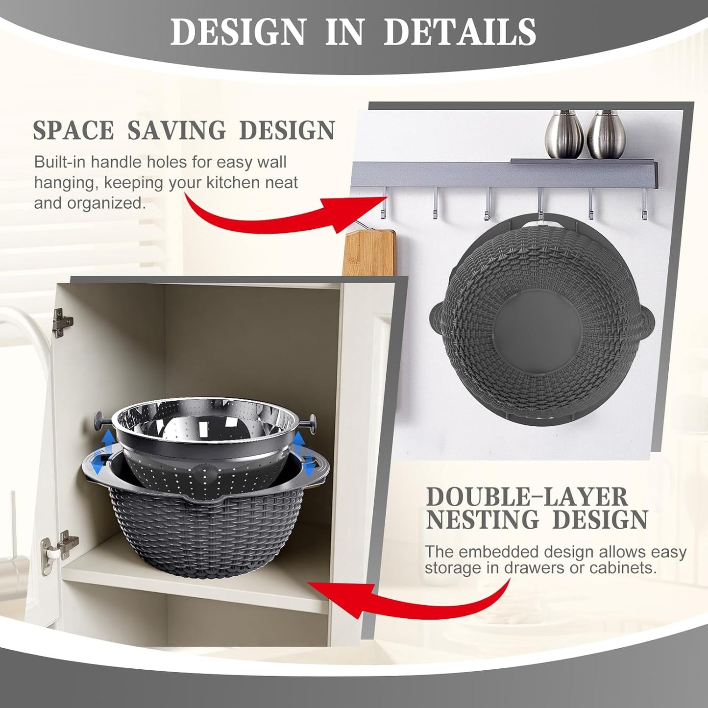 Over the Sink Colander - 6QT Strainers and Colanders - Stainless Steel Strainer - Expandable Sink Colander with Rubber Grip for Strain, Drain, Rinse Fruits, Vegetables, Home Kitchen Essentials