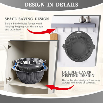Over the Sink Colander - 6QT Strainers and Colanders - Stainless Steel Strainer - Expandable Sink Colander with Rubber Grip for Strain, Drain, Rinse Fruits, Vegetables, Home Kitchen Essentials