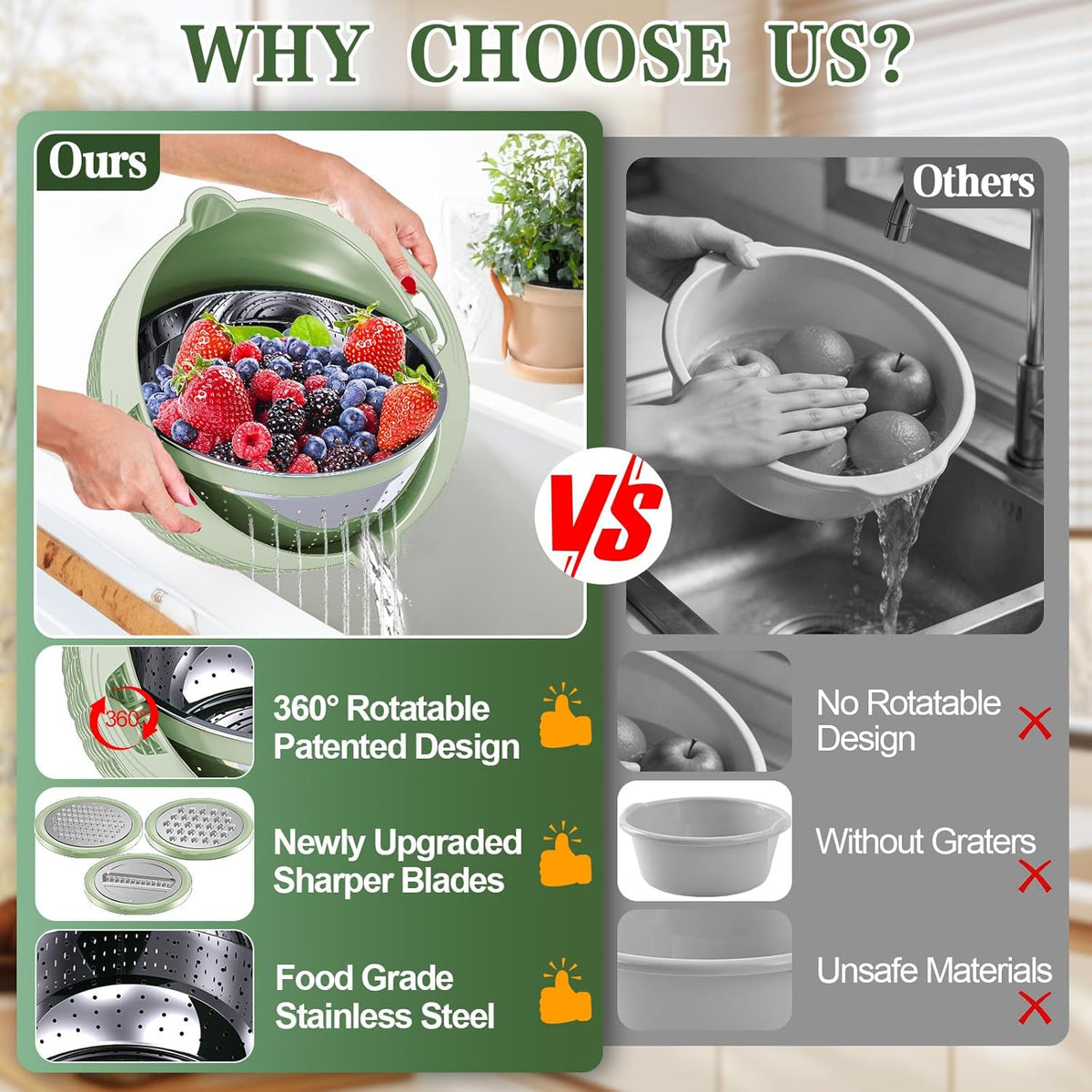 Over the Sink Colander - 6QT Strainers and Colanders - Stainless Steel Strainer - Expandable Sink Colander with Rubber Grip for Strain, Drain, Rinse Fruits, Vegetables, Home Kitchen Essentials