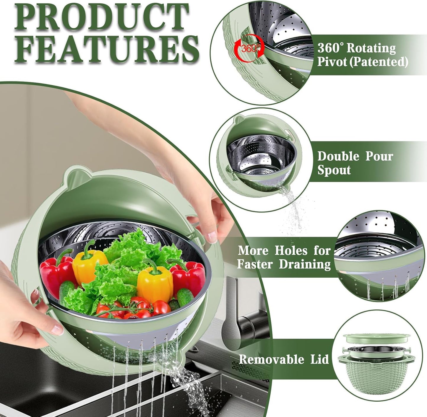 Over the Sink Colander - 6QT Strainers and Colanders - Stainless Steel Strainer - Expandable Sink Colander with Rubber Grip for Strain, Drain, Rinse Fruits, Vegetables, Home Kitchen Essentials
