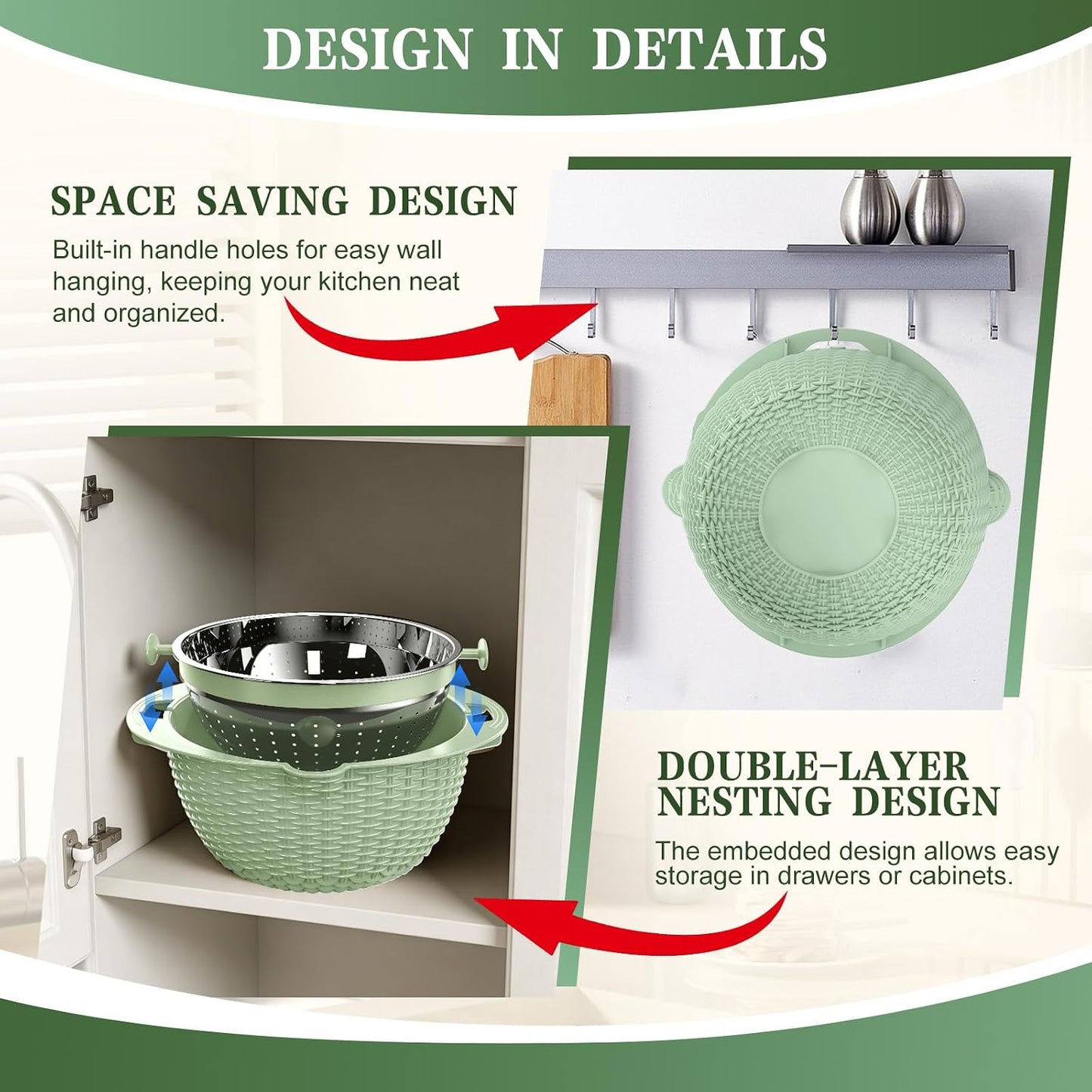 Over the Sink Colander - 6QT Strainers and Colanders - Stainless Steel Strainer - Expandable Sink Colander with Rubber Grip for Strain, Drain, Rinse Fruits, Vegetables, Home Kitchen Essentials