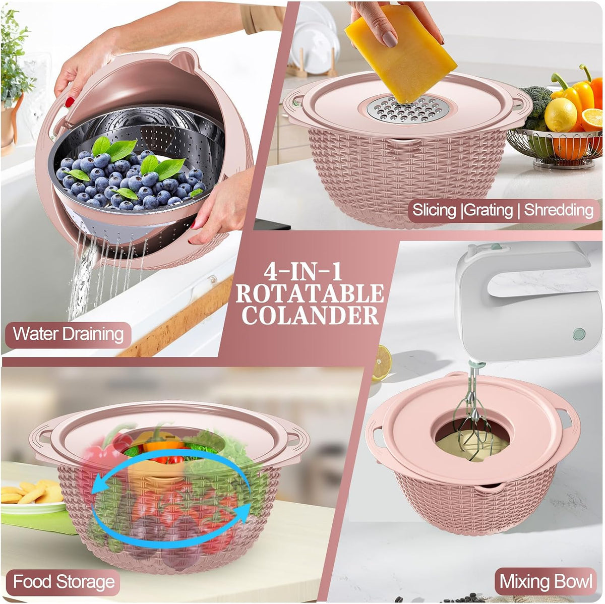 Over the Sink Colander - 6QT Strainers and Colanders - Stainless Steel Strainer - Expandable Sink Colander with Rubber Grip for Strain, Drain, Rinse Fruits, Vegetables, Home Kitchen Essentials