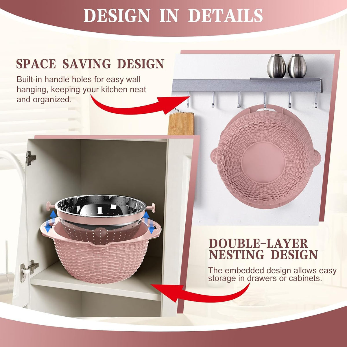 Over the Sink Colander - 6QT Strainers and Colanders - Stainless Steel Strainer - Expandable Sink Colander with Rubber Grip for Strain, Drain, Rinse Fruits, Vegetables, Home Kitchen Essentials