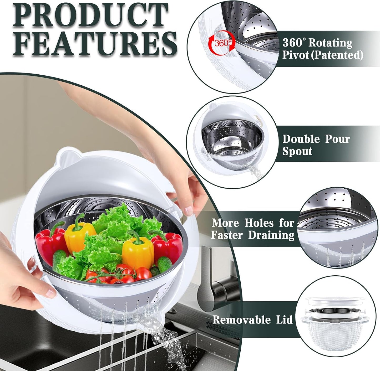 Over the Sink Colander - 6QT Strainers and Colanders - Stainless Steel Strainer - Expandable Sink Colander with Rubber Grip for Strain, Drain, Rinse Fruits, Vegetables, Home Kitchen Essentials