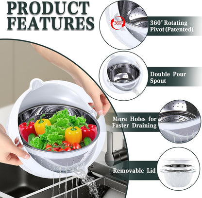 Over the Sink Colander - 6QT Strainers and Colanders - Stainless Steel Strainer - Expandable Sink Colander with Rubber Grip for Strain, Drain, Rinse Fruits, Vegetables, Home Kitchen Essentials