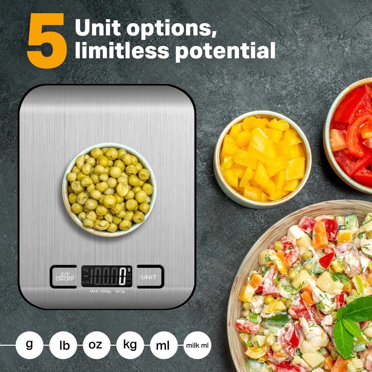 Food Kitchen Scale, Digital Food Scale with LCD Display Weight Measurement, 304 Stainless Steel, Kitchen Essentials and Accessories for Baking Cooking and Meal Prep