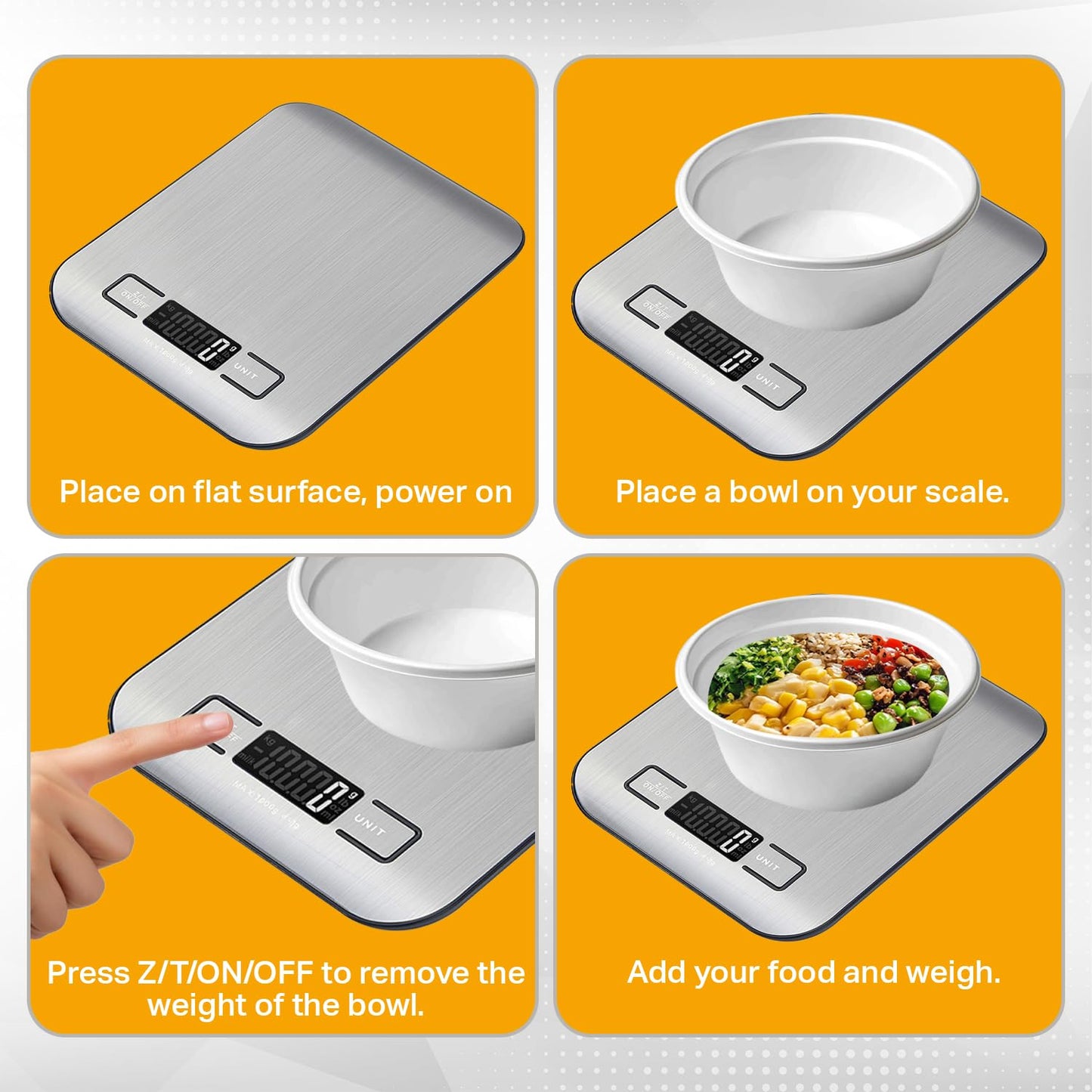 Food Kitchen Scale, Digital Food Scale with LCD Display Weight Measurement, 304 Stainless Steel, Kitchen Essentials and Accessories for Baking Cooking and Meal Prep