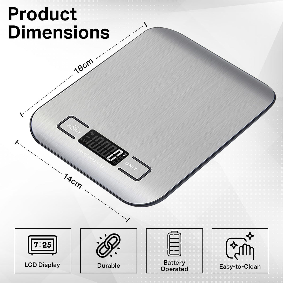 Food Kitchen Scale, Digital Food Scale with LCD Display Weight Measurement, 304 Stainless Steel, Kitchen Essentials and Accessories for Baking Cooking and Meal Prep