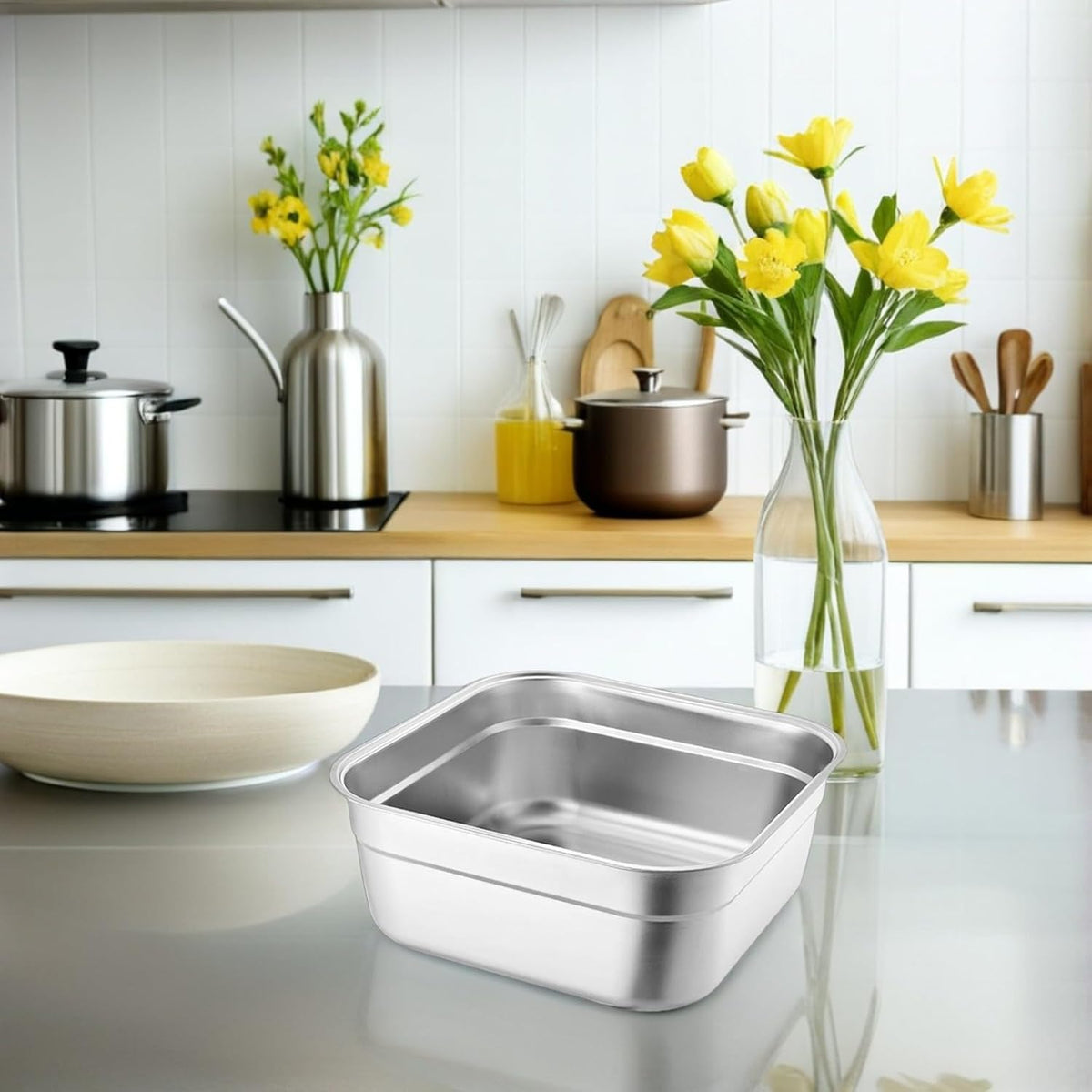 Multifunctional Square Vegetable Washing Basin 9.84 Inch Large Capacity Stainless Steel Kitchen Sink Tub for Food Prep and Cleaning