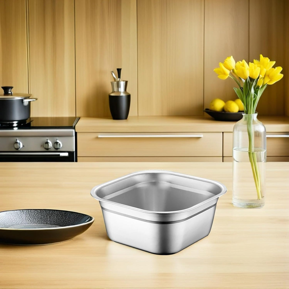 Multifunctional Square Vegetable Washing Basin 9.84 Inch Large Capacity Stainless Steel Kitchen Sink Tub for Food Prep and Cleaning