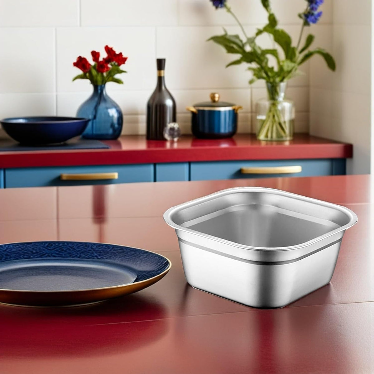 Multifunctional Square Vegetable Washing Basin 9.84 Inch Large Capacity Stainless Steel Kitchen Sink Tub for Food Prep and Cleaning