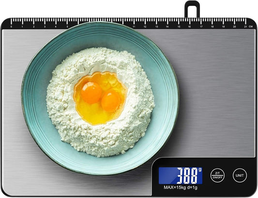 33lb Digital Kitchen Scale with Large Weighing Area (9 in) | Professional Food Scale, Stainless Steel Household Scale, Touch Control, LCD Display, Hangable, 6 Units, Tare, with Batteries